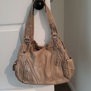 Taupe Shoulder Tote with Multiple Zip Pockets and Silver Hardware